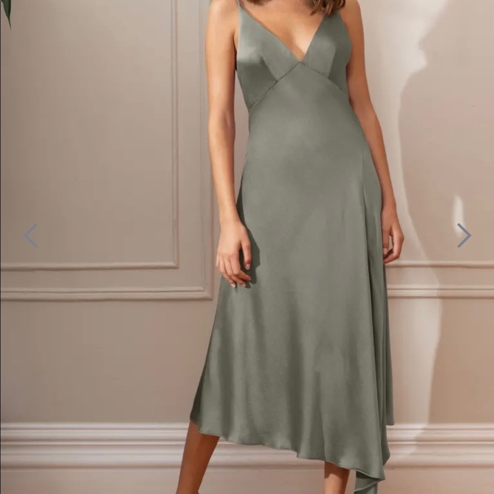 The Jenny Yoo Bella V-neck asymmetrical midi length satin slip dress in Sage!